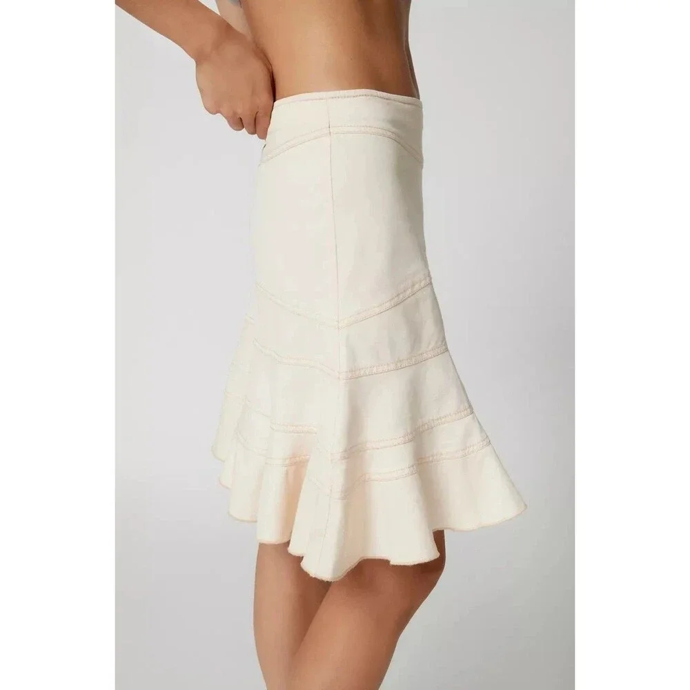 Urban Outfitters Millie Fluted Denim Mini Skirt Low-Rise Cream Cotton XL 286932